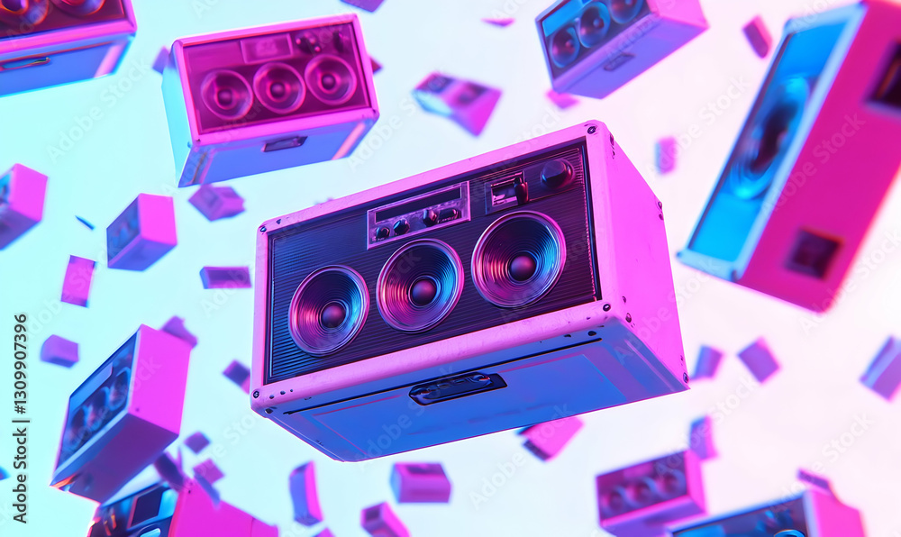 Obraz premium Retro Style Speakers Floating in Colorful Abstract Space