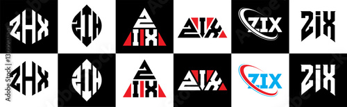 ZIX letter logo design in six style. ZIX polygon, circle, triangle, hexagon, flat and simple style with black and white color variation letter logo set in one artboard. ZIX minimalist and classic logo