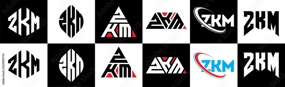 Obraz premium ZKM letter logo design in six style. ZKM polygon, circle, triangle, hexagon, flat and simple style with black and white color variation letter logo set in one artboard. ZKM minimalist and classic logo