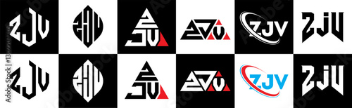 ZJV letter logo design in six style. ZJV polygon, circle, triangle, hexagon, flat and simple style with black and white color variation letter logo set in one artboard. ZJV minimalist and classic logo
