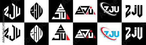ZJU letter logo design in six style. ZJU polygon, circle, triangle, hexagon, flat and simple style with black and white color variation letter logo set in one artboard. ZJU minimalist and classic logo