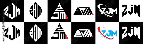 ZJM letter logo design in six style. ZJM polygon, circle, triangle, hexagon, flat and simple style with black and white color variation letter logo set in one artboard. ZJM minimalist and classic logo