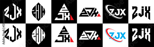 ZJX letter logo design in six style. ZJX polygon, circle, triangle, hexagon, flat and simple style with black and white color variation letter logo set in one artboard. ZJX minimalist and classic logo