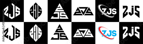 ZJS letter logo design in six style. ZJS polygon, circle, triangle, hexagon, flat and simple style with black and white color variation letter logo set in one artboard. ZJS minimalist and classic logo