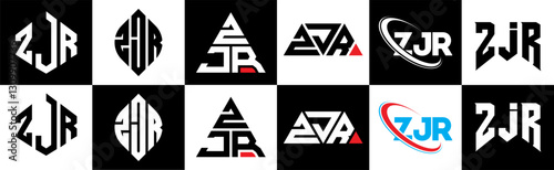 ZJR letter logo design in six style. ZJR polygon, circle, triangle, hexagon, flat and simple style with black and white color variation letter logo set in one artboard. ZJR minimalist and classic logo