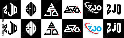 ZJO letter logo design in six style. ZJO polygon, circle, triangle, hexagon, flat and simple style with black and white color variation letter logo set in one artboard. ZJO minimalist and classic logo