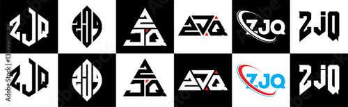 ZJQ letter logo design in six style. ZJQ polygon, circle, triangle, hexagon, flat and simple style with black and white color variation letter logo set in one artboard. ZJQ minimalist and classic logo