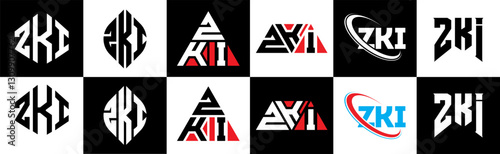 ZKI letter logo design in six style. ZKI polygon, circle, triangle, hexagon, flat and simple style with black and white color variation letter logo set in one artboard. ZKI minimalist and classic logo
