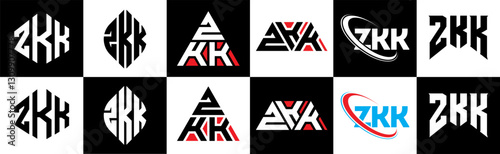 ZKK letter logo design in six style. ZKK polygon, circle, triangle, hexagon, flat and simple style with black and white color variation letter logo set in one artboard. ZKK minimalist and classic logo