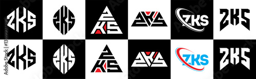 ZKS letter logo design in six style. ZKS polygon, circle, triangle, hexagon, flat and simple style with black and white color variation letter logo set in one artboard. ZKS minimalist and classic logo