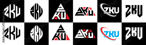 ZKU letter logo design in six style. ZKU polygon, circle, triangle, hexagon, flat and simple style with black and white color variation letter logo set in one artboard. ZKU minimalist and classic logo