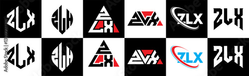 ZLX letter logo design in six style. ZLX polygon, circle, triangle, hexagon, flat and simple style with black and white color variation letter logo set in one artboard. ZLX minimalist and classic logo