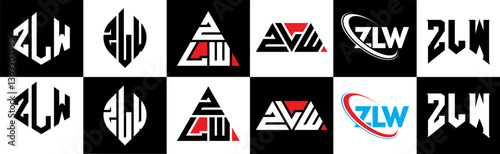 ZLW letter logo design in six style. ZLW polygon, circle, triangle, hexagon, flat and simple style with black and white color variation letter logo set in one artboard. ZLW minimalist and classic logo