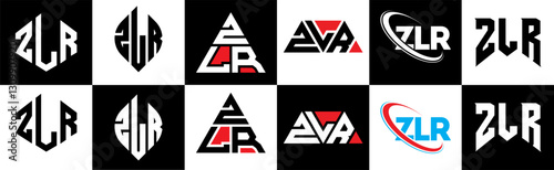 ZLR letter logo design in six style. ZLR polygon, circle, triangle, hexagon, flat and simple style with black and white color variation letter logo set in one artboard. ZLR minimalist and classic logo