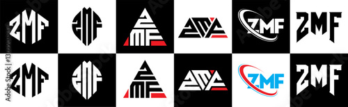 ZMF letter logo design in six style. ZMF polygon, circle, triangle, hexagon, flat and simple style with black and white color variation letter logo set in one artboard. ZMF minimalist and classic logo