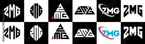 ZMG letter logo design in six style. ZMG polygon, circle, triangle, hexagon, flat and simple style with black and white color variation letter logo set in one artboard. ZMG minimalist and classic logo