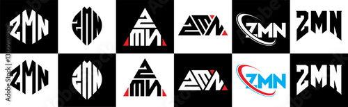 ZMN letter logo design in six style. ZMN polygon, circle, triangle, hexagon, flat and simple style with black and white color variation letter logo set in one artboard. ZMN minimalist and classic logo