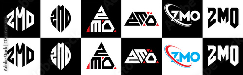 ZMO letter logo design in six style. ZMO polygon, circle, triangle, hexagon, flat and simple style with black and white color variation letter logo set in one artboard. ZMO minimalist and classic logo
