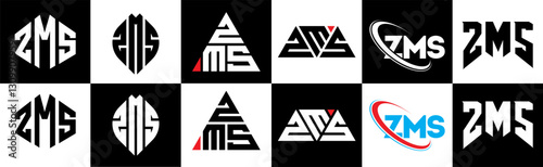 ZMS letter logo design in six style. ZMS polygon, circle, triangle, hexagon, flat and simple style with black and white color variation letter logo set in one artboard. ZMS minimalist and classic logo