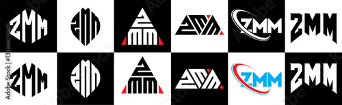 ZMM letter logo design in six style. ZMM polygon, circle, triangle, hexagon, flat and simple style with black and white color variation letter logo set in one artboard. ZMM minimalist and classic logo