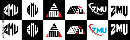 ZMU letter logo design in six style. ZMU polygon, circle, triangle, hexagon, flat and simple style with black and white color variation letter logo set in one artboard. ZMU minimalist and classic logo