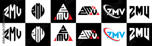 ZMV letter logo design in six style. ZMV polygon, circle, triangle, hexagon, flat and simple style with black and white color variation letter logo set in one artboard. ZMV minimalist and classic logo