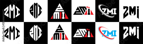 ZMI letter logo design in six style. ZMI polygon, circle, triangle, hexagon, flat and simple style with black and white color variation letter logo set in one artboard. ZMI minimalist and classic logo