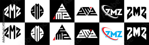 ZMZ letter logo design in six style. ZMZ polygon, circle, triangle, hexagon, flat and simple style with black and white color variation letter logo set in one artboard. ZMZ minimalist and classic logo