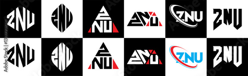 ZNU letter logo design in six style. ZNU polygon, circle, triangle, hexagon, flat and simple style with black and white color variation letter logo set in one artboard. ZNU minimalist and classic logo