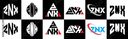 ZNX letter logo design in six style. ZNX polygon, circle, triangle, hexagon, flat and simple style with black and white color variation letter logo set in one artboard. ZNX minimalist and classic logo