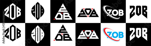 ZOB letter logo design in six style. ZOB polygon, circle, triangle, hexagon, flat and simple style with black and white color variation letter logo set in one artboard. ZOB minimalist and classic logo