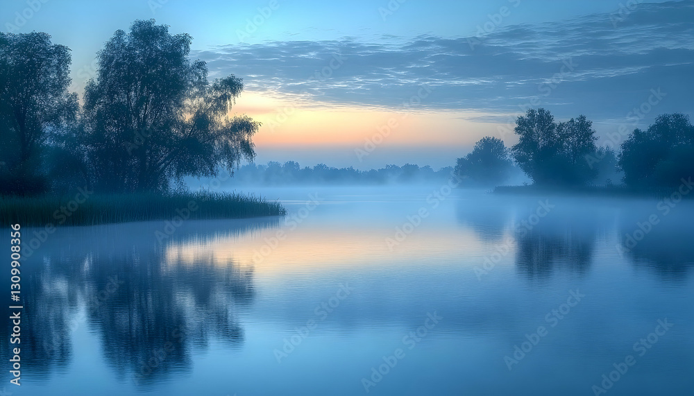 Fototapeta premium Misty Sunrise Over Calm Lake