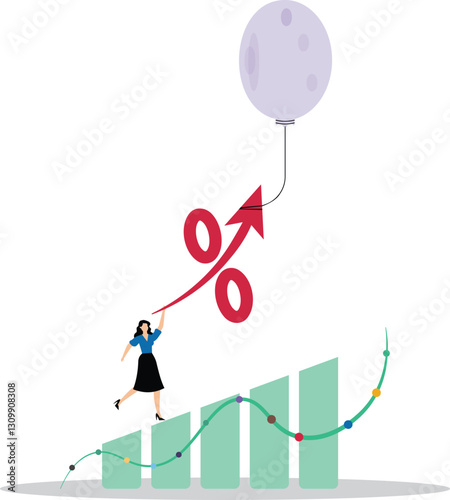 Interest rate hike due to global inflation percentage rising up, FED or central bank monetary policy, businesswoman hold percentage balloons symbol