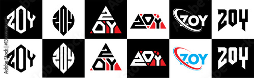 ZOY letter logo design in six style. ZOY polygon, circle, triangle, hexagon, flat and simple style with black and white color variation letter logo set in one artboard. ZOY minimalist and classic logo