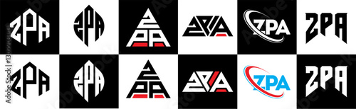 ZPA letter logo design in six style. ZPA polygon, circle, triangle, hexagon, flat and simple style with black and white color variation letter logo set in one artboard. ZPA minimalist and classic logo