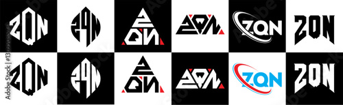 ZQN letter logo design in six style. ZQN polygon, circle, triangle, hexagon, flat and simple style with black and white color variation letter logo set in one artboard. ZQN minimalist and classic logo