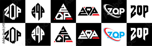 ZQP letter logo design in six style. ZQP polygon, circle, triangle, hexagon, flat and simple style with black and white color variation letter logo set in one artboard. ZQP minimalist and classic logo
