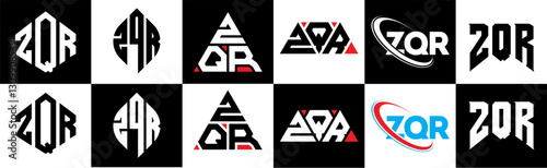 ZQR letter logo design in six style. ZQR polygon, circle, triangle, hexagon, flat and simple style with black and white color variation letter logo set in one artboard. ZQR minimalist and classic logo