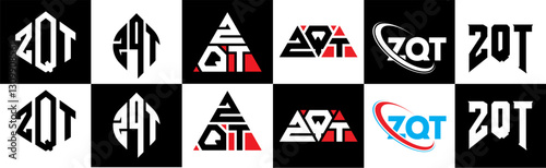 ZQT letter logo design in six style. ZQT polygon, circle, triangle, hexagon, flat and simple style with black and white color variation letter logo set in one artboard. ZQT minimalist and classic logo