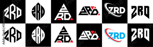 ZRD letter logo design in six style. ZRD polygon, circle, triangle, hexagon, flat and simple style with black and white color variation letter logo set in one artboard. ZRD minimalist and classic logo