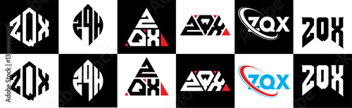 ZQX letter logo design in six style. ZQX polygon, circle, triangle, hexagon, flat and simple style with black and white color variation letter logo set in one artboard. ZQX minimalist and classic logo