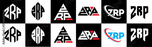 ZRP letter logo design in six style. ZRP polygon, circle, triangle, hexagon, flat and simple style with black and white color variation letter logo set in one artboard. ZRP minimalist and classic logo