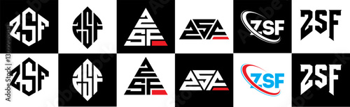 ZSF letter logo design in six style. ZSF polygon, circle, triangle, hexagon, flat and simple style with black and white color variation letter logo set in one artboard. ZSF minimalist and classic logo