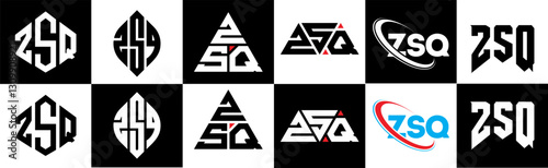 ZSQ letter logo design in six style. ZSQ polygon, circle, triangle, hexagon, flat and simple style with black and white color variation letter logo set in one artboard. ZSQ minimalist and classic logo