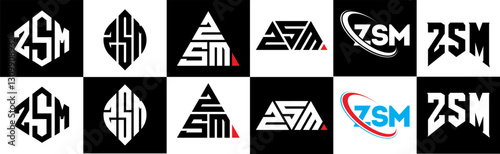 ZSM letter logo design in six style. ZSM polygon, circle, triangle, hexagon, flat and simple style with black and white color variation letter logo set in one artboard. ZSM minimalist and classic logo