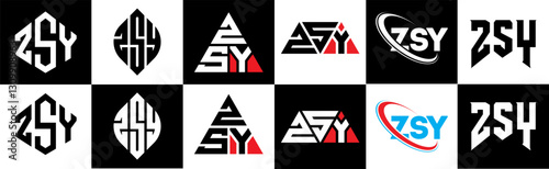 ZSY letter logo design in six style. ZSY polygon, circle, triangle, hexagon, flat and simple style with black and white color variation letter logo set in one artboard. ZSY minimalist and classic logo