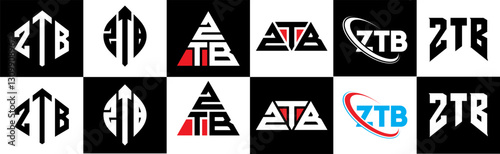 ZTB letter logo design in six style. ZTB polygon, circle, triangle, hexagon, flat and simple style with black and white color variation letter logo set in one artboard. ZTB minimalist and classic logo