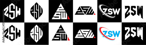 ZSW letter logo design in six style. ZSW polygon, circle, triangle, hexagon, flat and simple style with black and white color variation letter logo set in one artboard. ZSW minimalist and classic logo