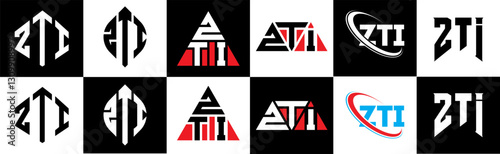 ZTI letter logo design in six style. ZTI polygon, circle, triangle, hexagon, flat and simple style with black and white color variation letter logo set in one artboard. ZTI minimalist and classic logo