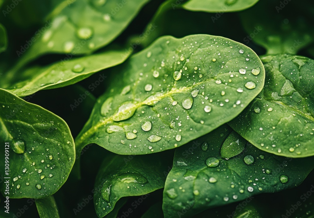 Fototapeta premium Fresh Green Spinach Leaves with Water Droplets Showcasing Brightness and Natural Beauty in a Lush and Vibrant Garden Setting